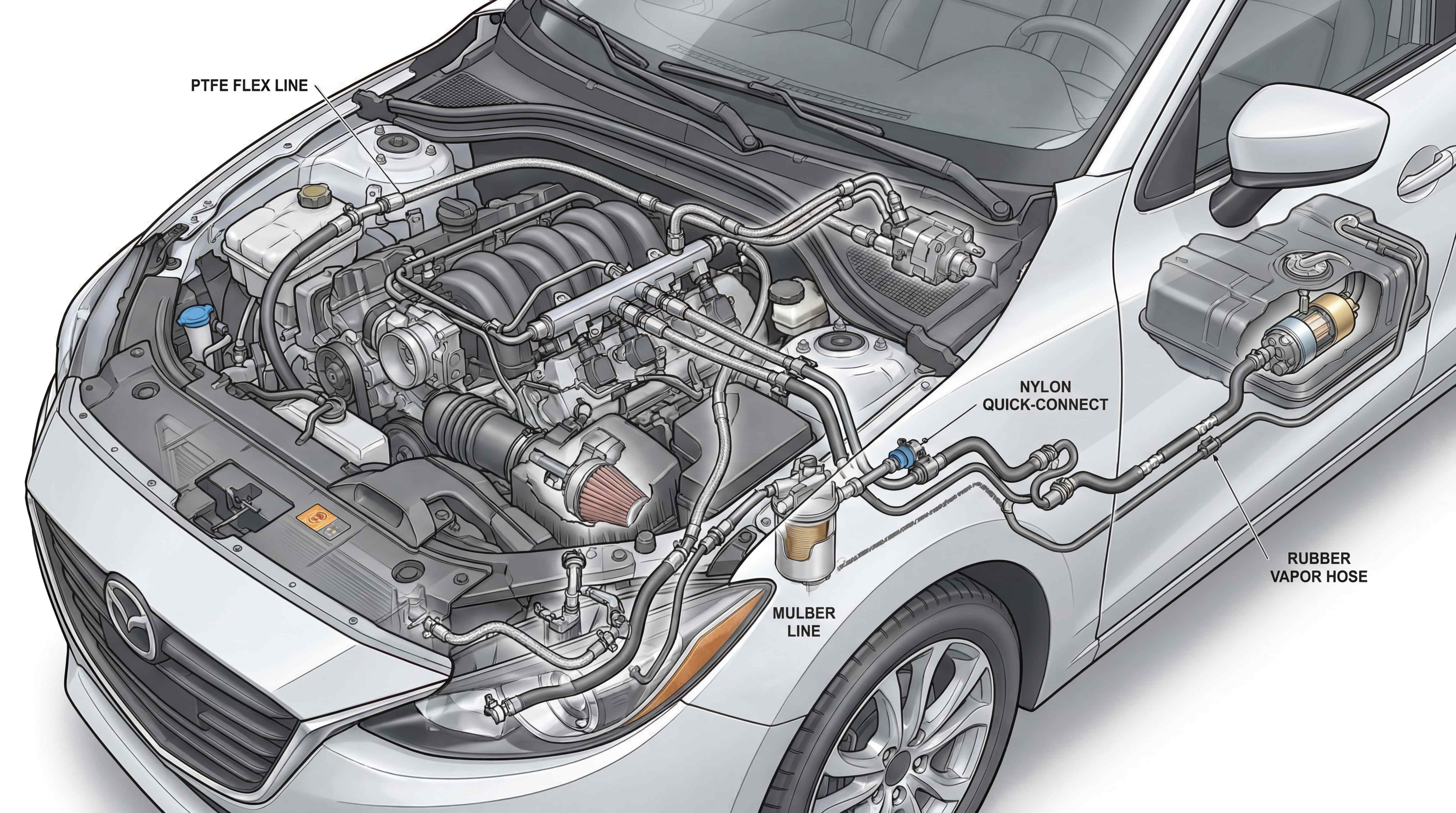 Modern vehicle fuel line system showing PTFE flex line, nylon quick-connect tubing and rubber vapor hose routing